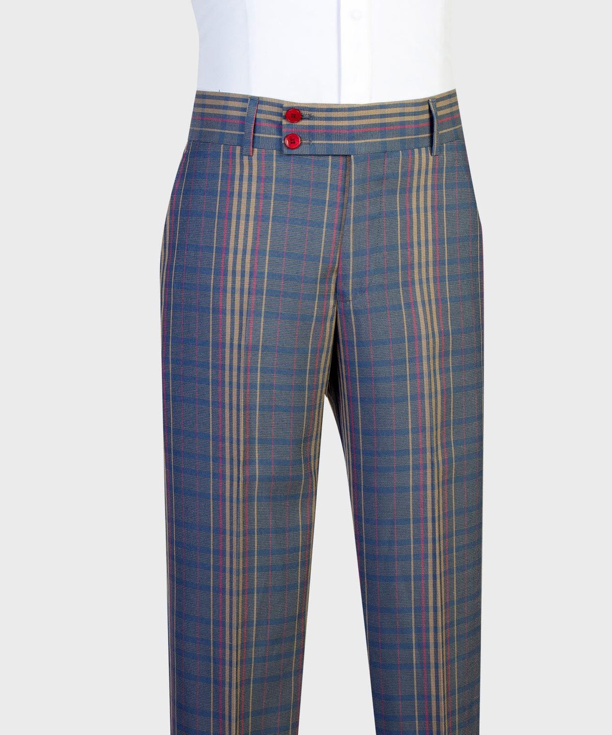 Jaegen navy and gold plaid double-breasted suit with red accents – trousers