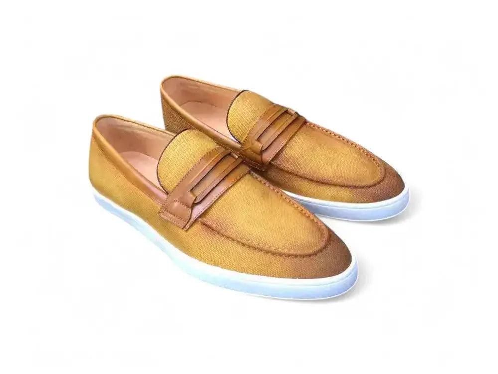 Embossed Leather Strap Linen Sneaker