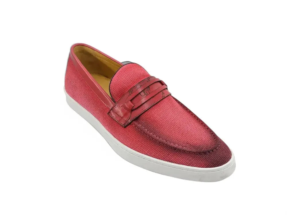 Embossed Leather Strap Linen Sneaker