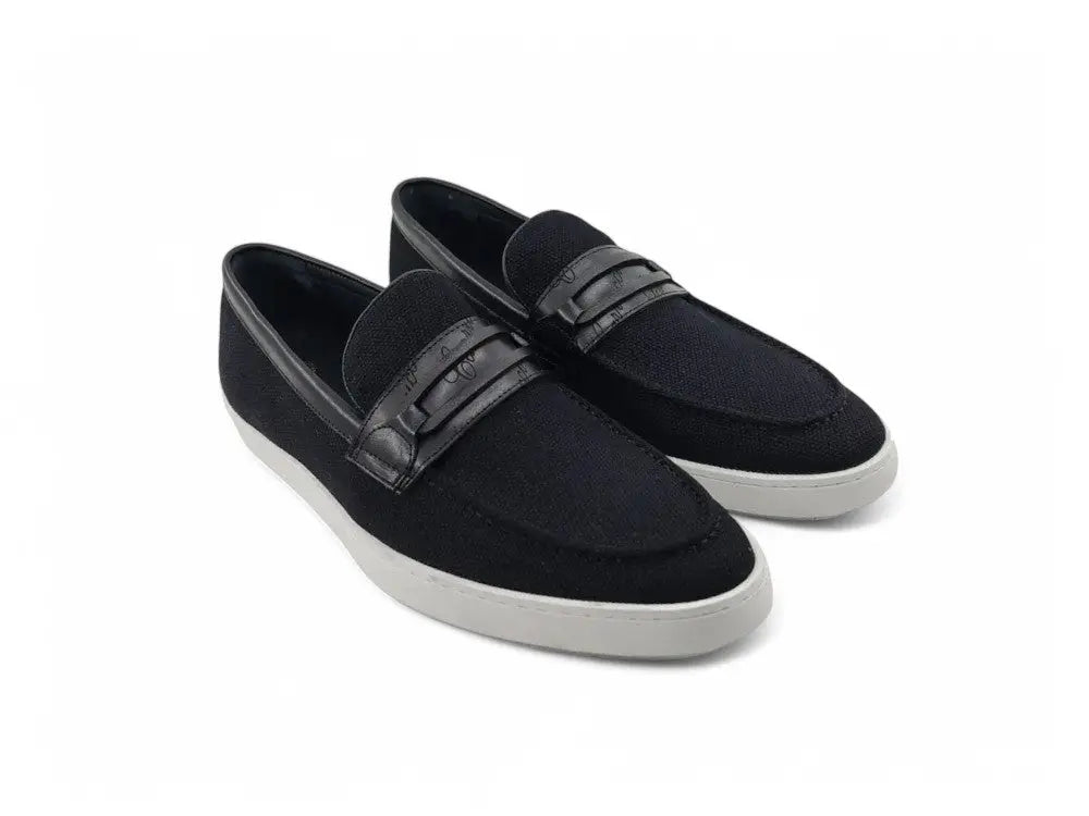 Embossed Leather Strap Linen Sneaker