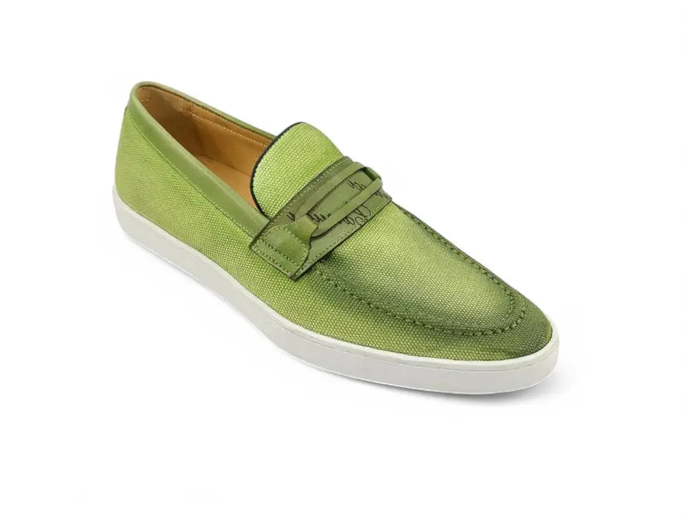 Embossed Leather Strap Linen Sneaker