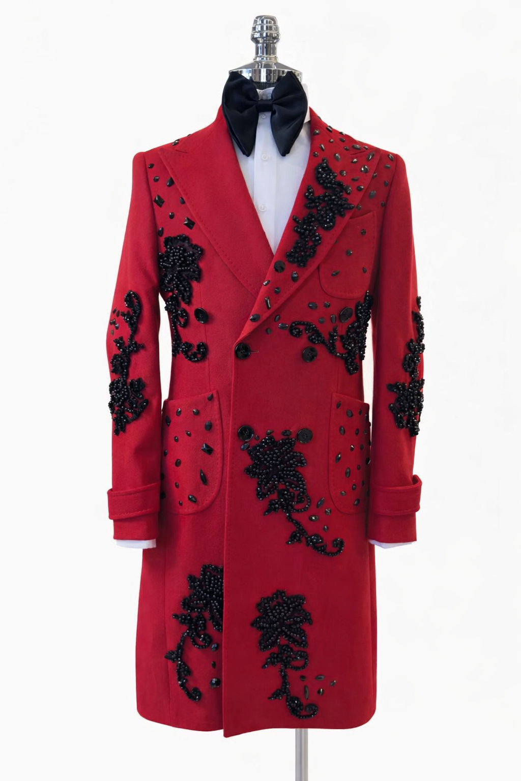 Black Crystal Embroidered Red Statement Coat