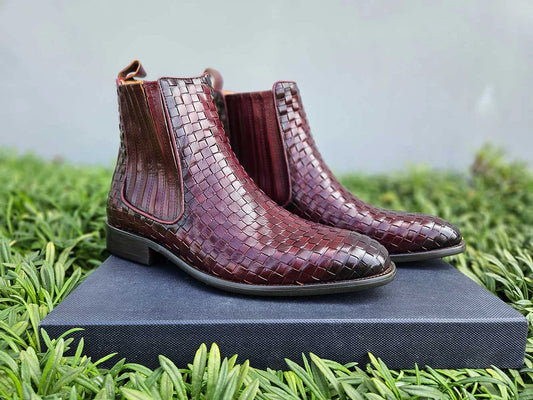 Basket Weave Chelsea Boot - Burgundy