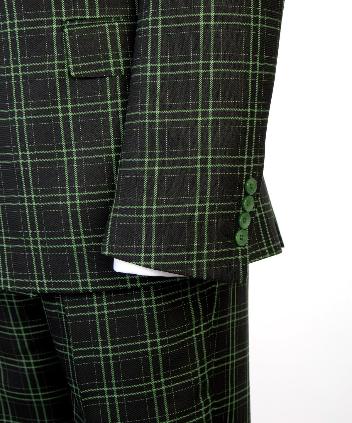 Jaegen black and green plaid sleeve button detail