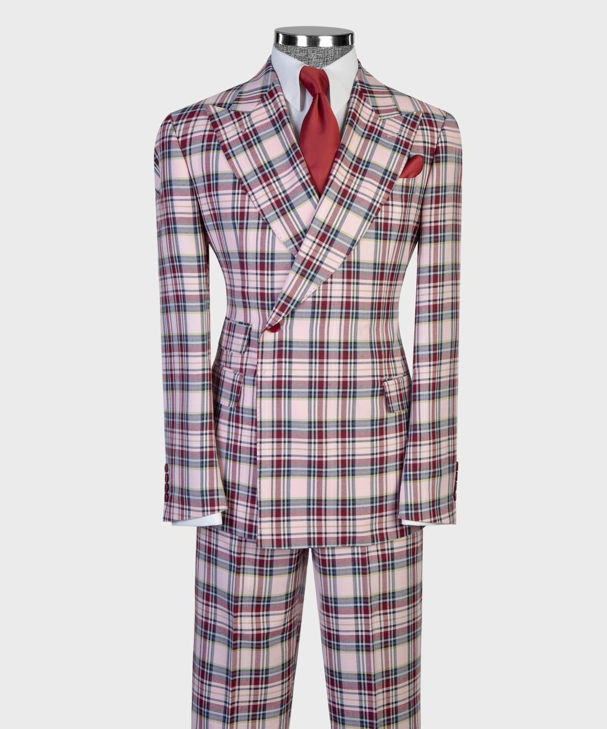 Jaegen ivory and burgundy tartan full suit with matching trousers