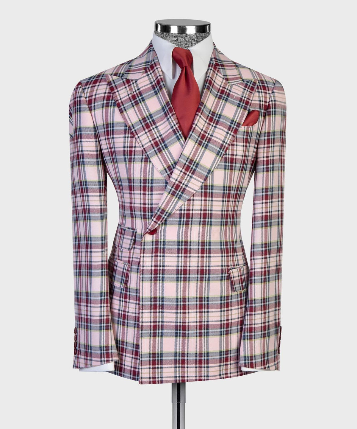 Jaegen ivory and burgundy tartan front jacket view