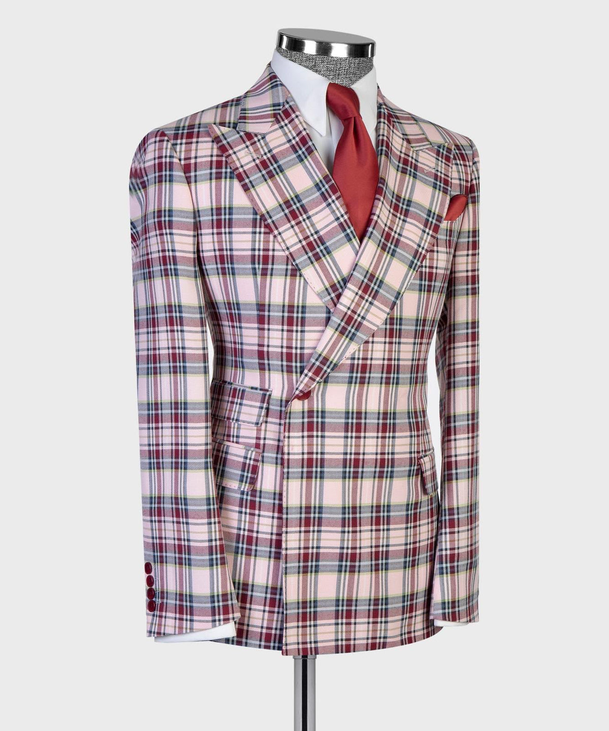 Jaegen ivory and burgundy tartan angled jacket view