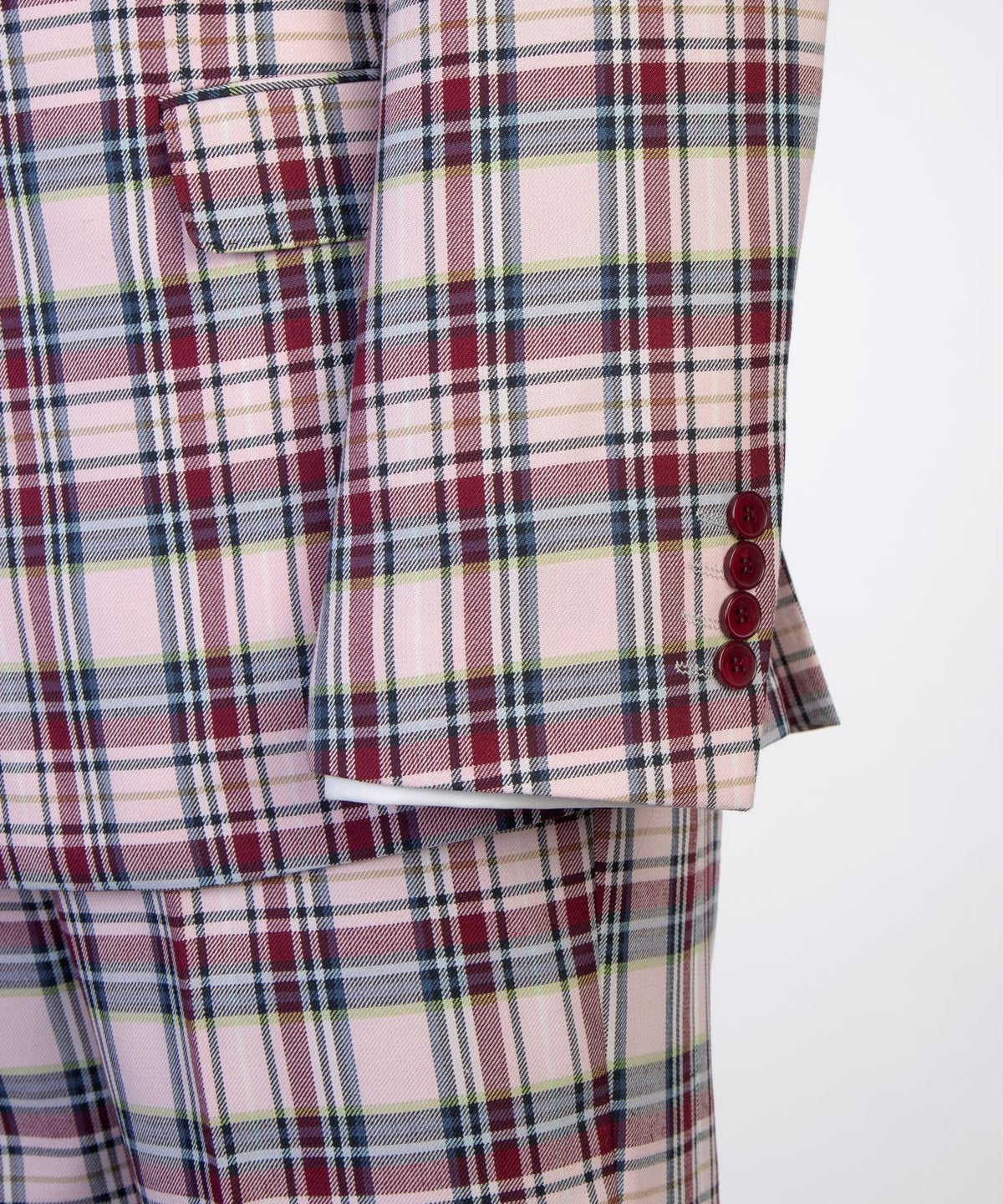Jaegen ivory and burgundy tartan sleeve button detail