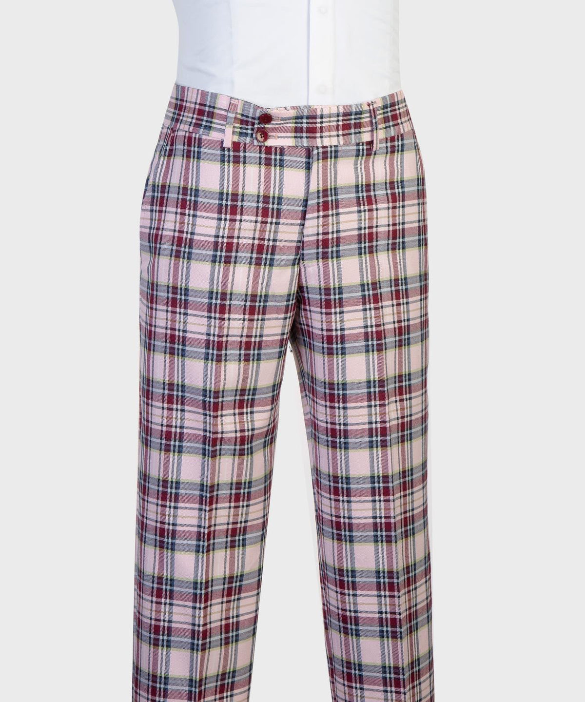 Jaegen ivory and burgundy tartan matching trousers detail