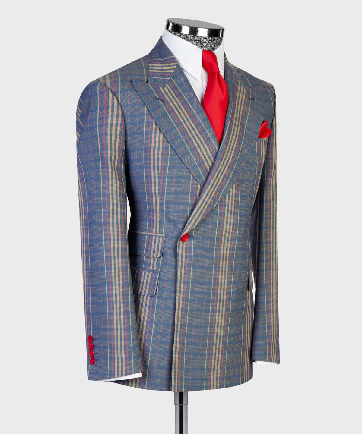 Jaegen navy and gold plaid double-breasted suit with red accents – angled view