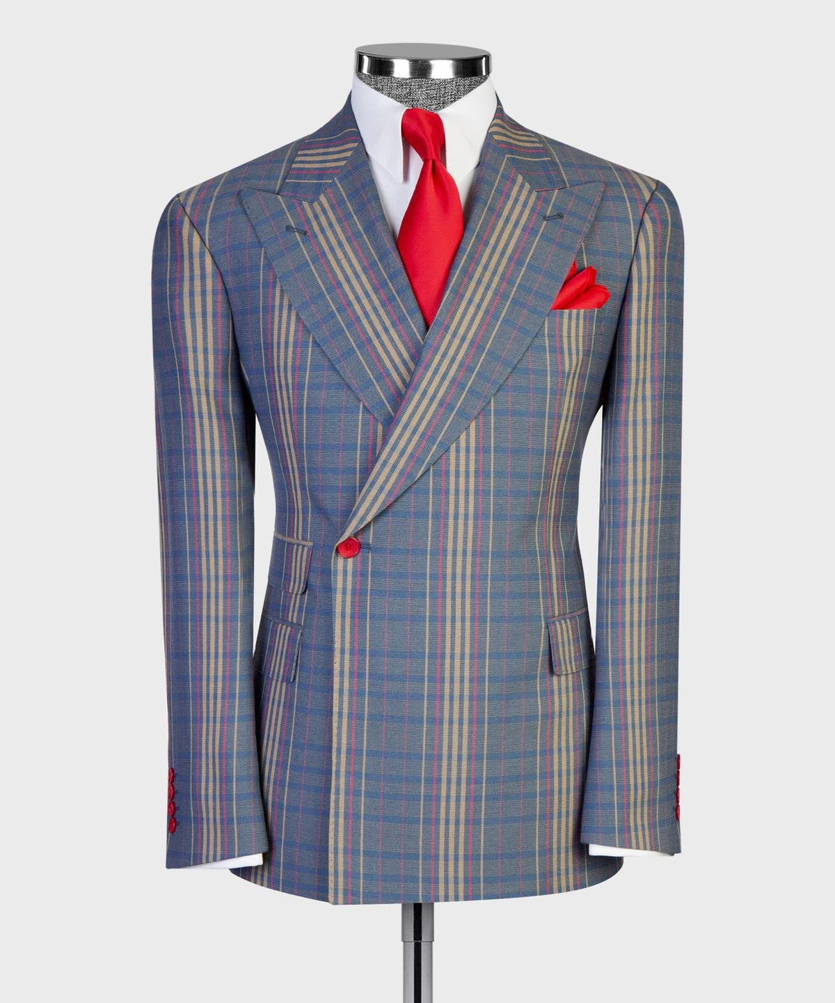Jaegen navy and gold plaid double-breasted suit with red accents – front