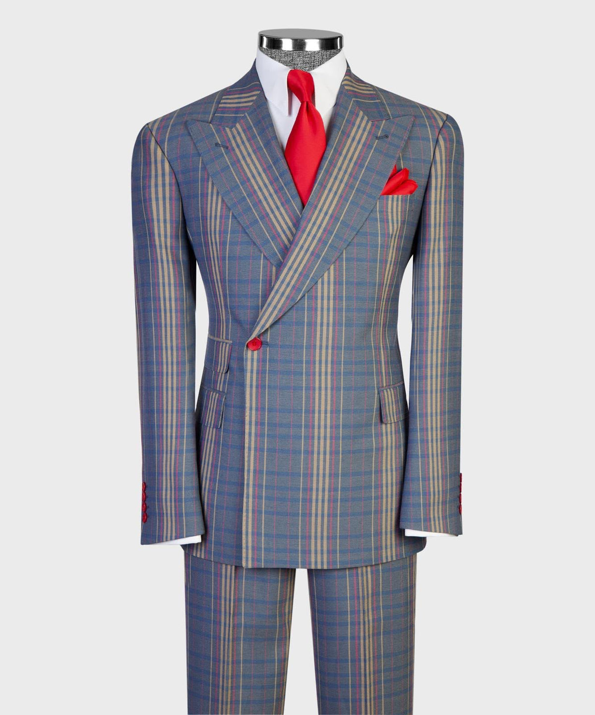 Jaegen navy and gold plaid double-breasted suit with red accents – full outfit