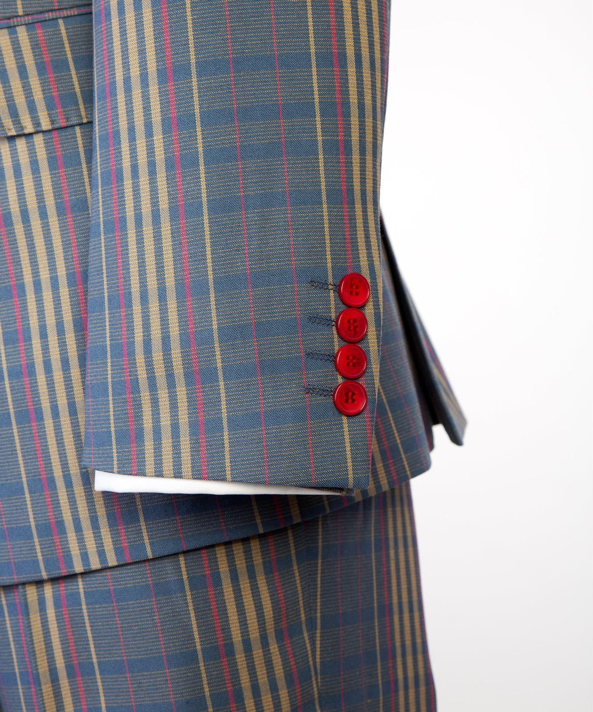 Jaegen navy and gold plaid double-breasted suit with red accents – sleeve detail