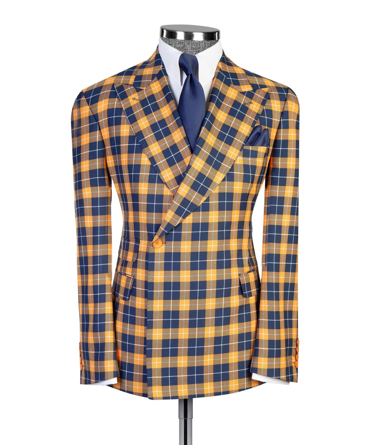 Jaegen navy and gold tartan double-breasted suit – angled view