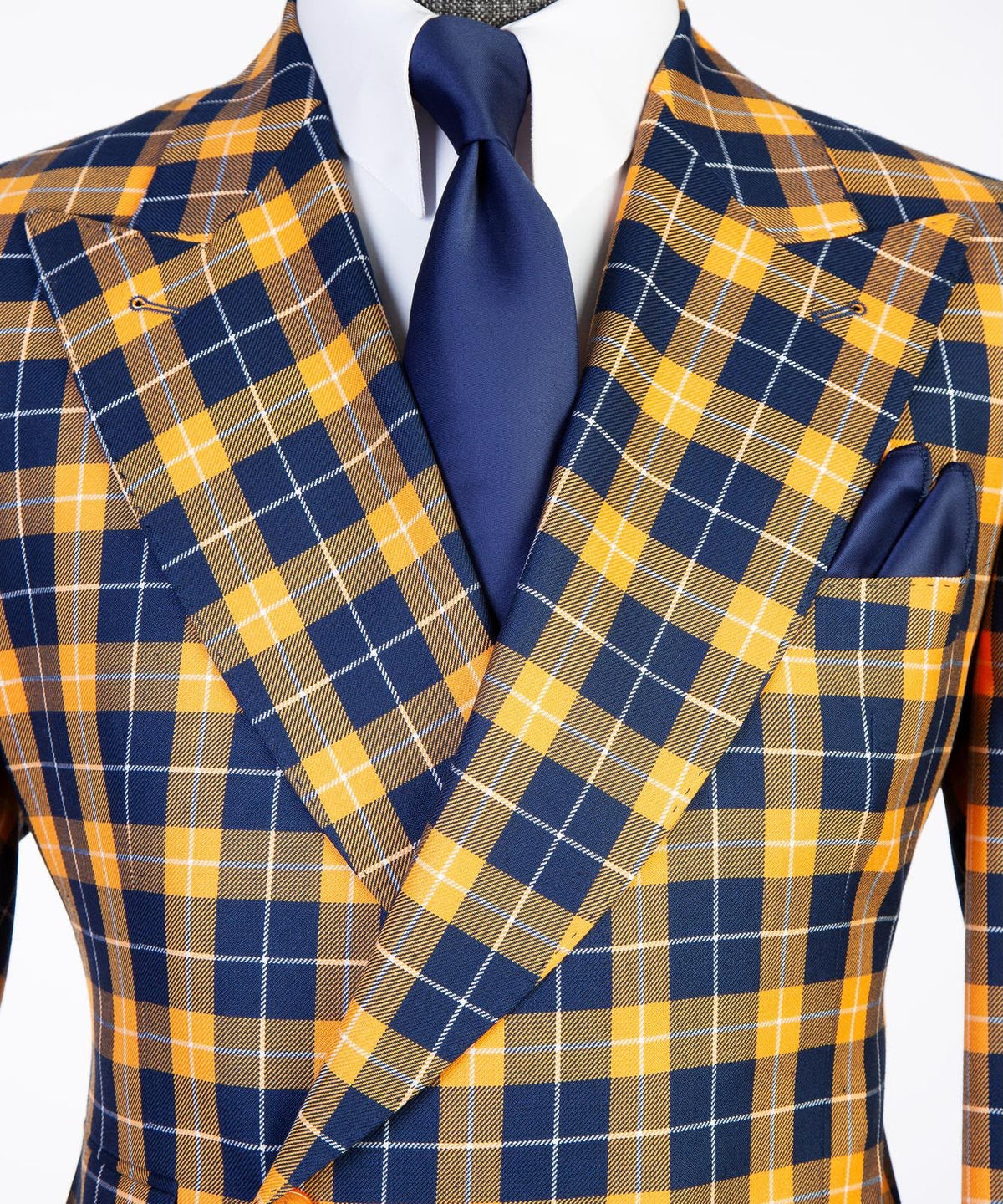Jaegen navy and gold tartan double-breasted suit – chest detail