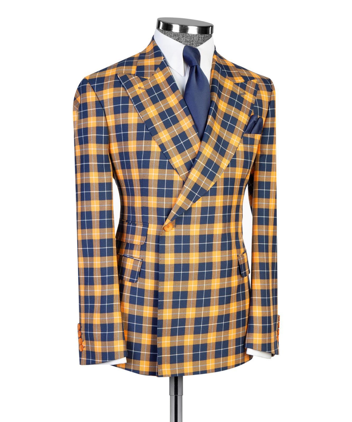 Jaegen navy and gold tartan double-breasted suit – front