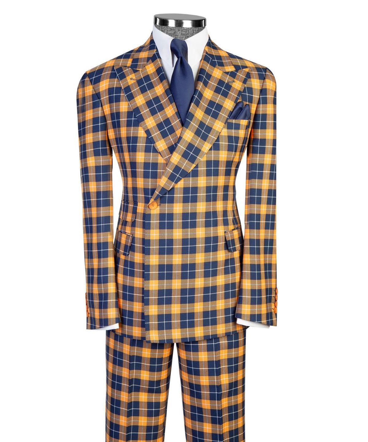 Jaegen navy and gold tartan double-breasted suit – full outfit