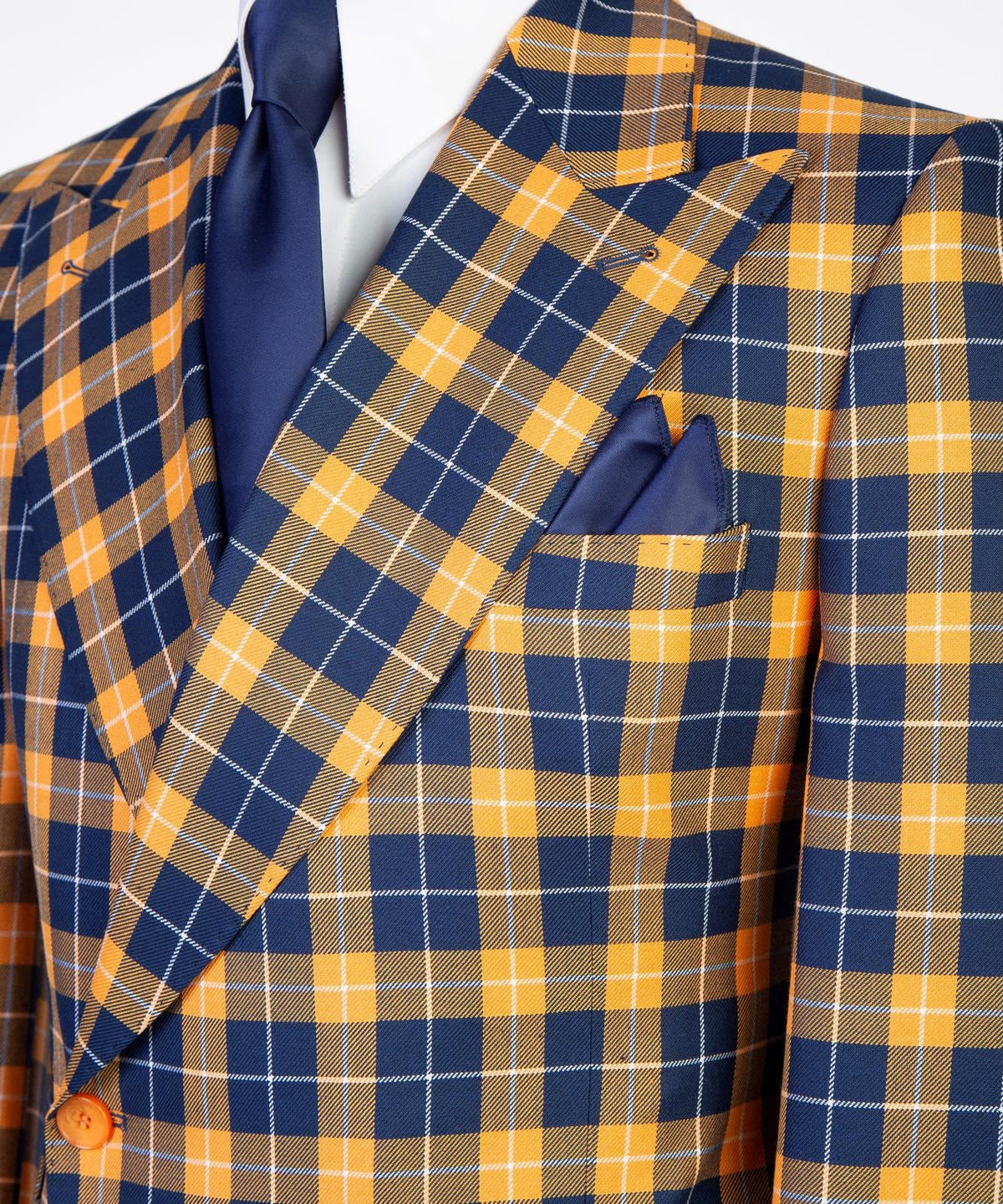 Jaegen navy and gold tartan double-breasted suit – lapel detail