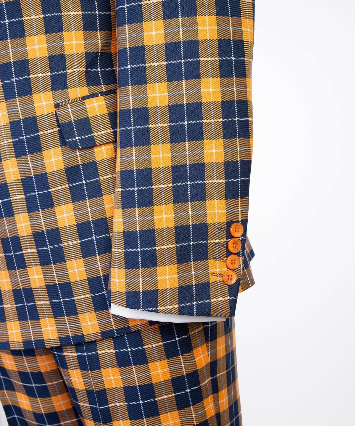 Jaegen navy and gold tartan double-breasted suit – sleeve detail