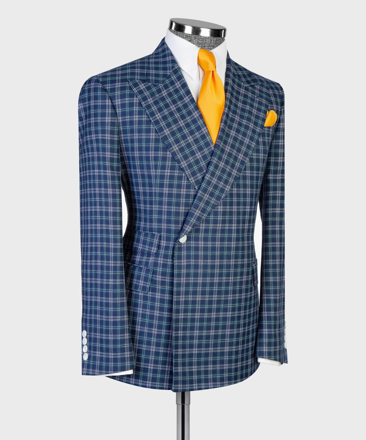Jaegen navy and ivory textured plaid double-breasted suit – angled view