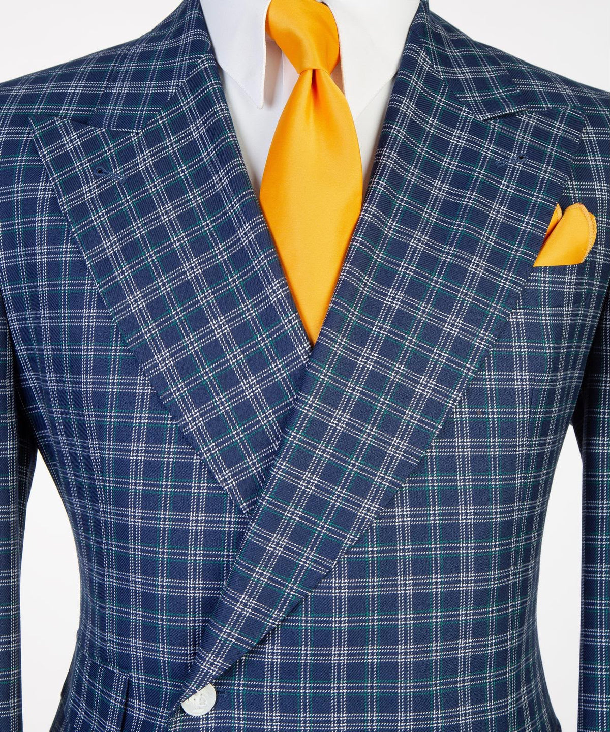 Jaegen navy and ivory textured plaid double-breasted suit – chest detail