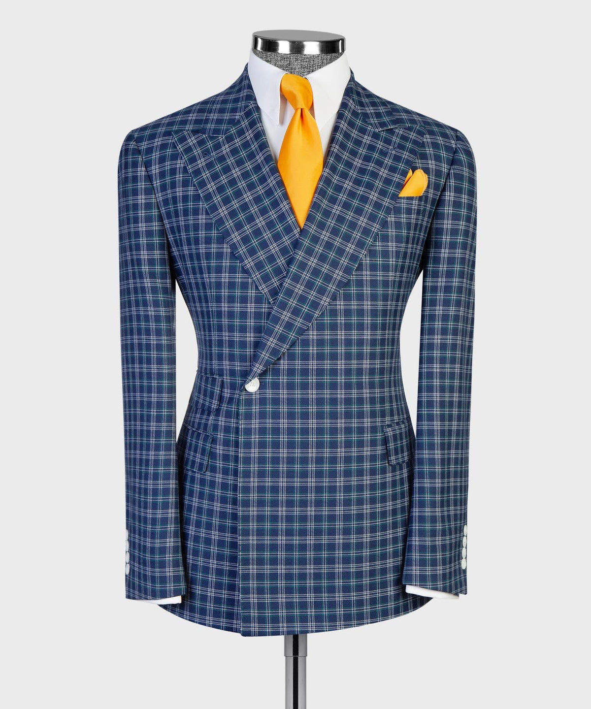 Jaegen navy and ivory textured plaid double-breasted suit – front