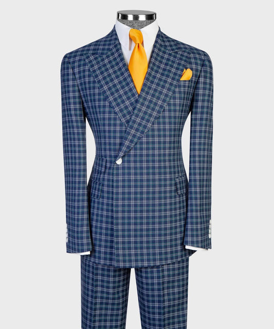 Jaegen navy and ivory textured plaid double-breasted suit – full outfit