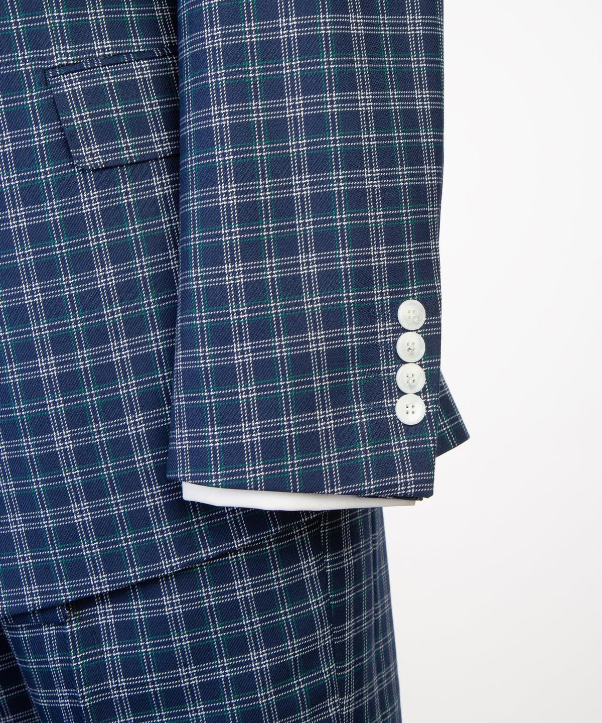 Jaegen navy and ivory textured plaid double-breasted suit – sleeve detail