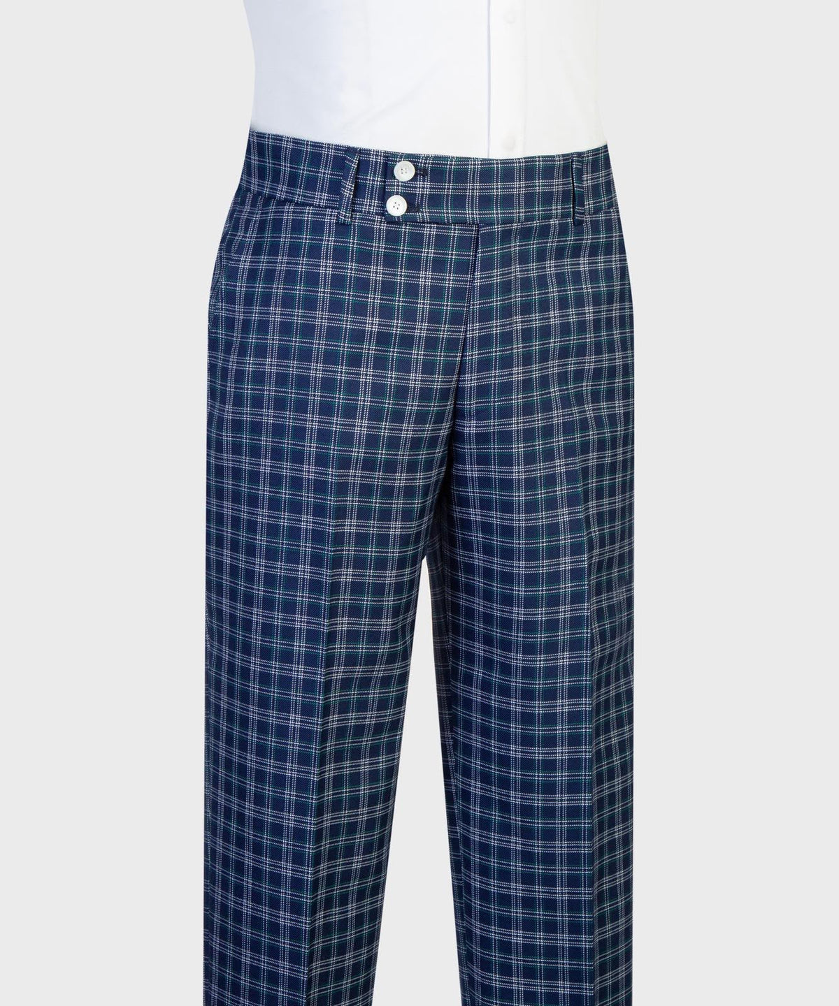 Jaegen navy and ivory textured plaid double-breasted suit – trousers