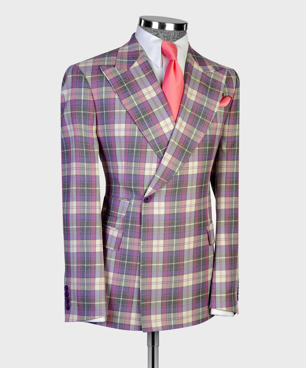 Jaegen purple and ivory tartan double-breasted suit – angled view