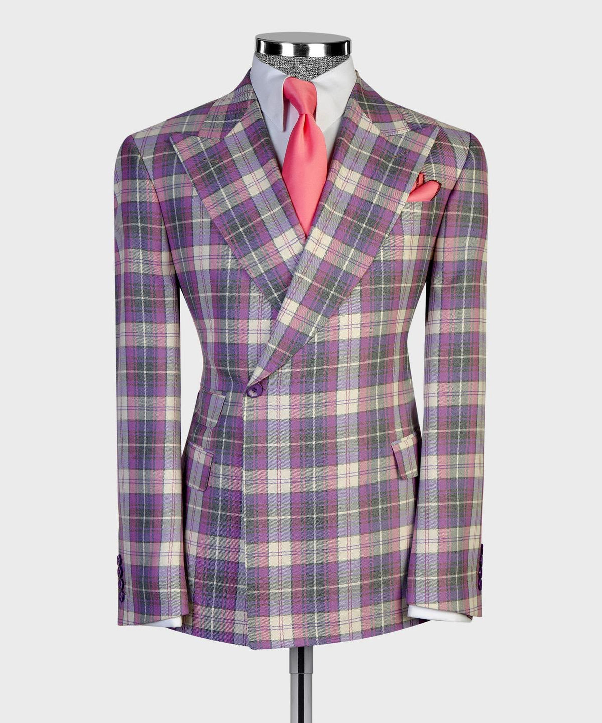 Jaegen purple and ivory tartan double-breasted suit – front