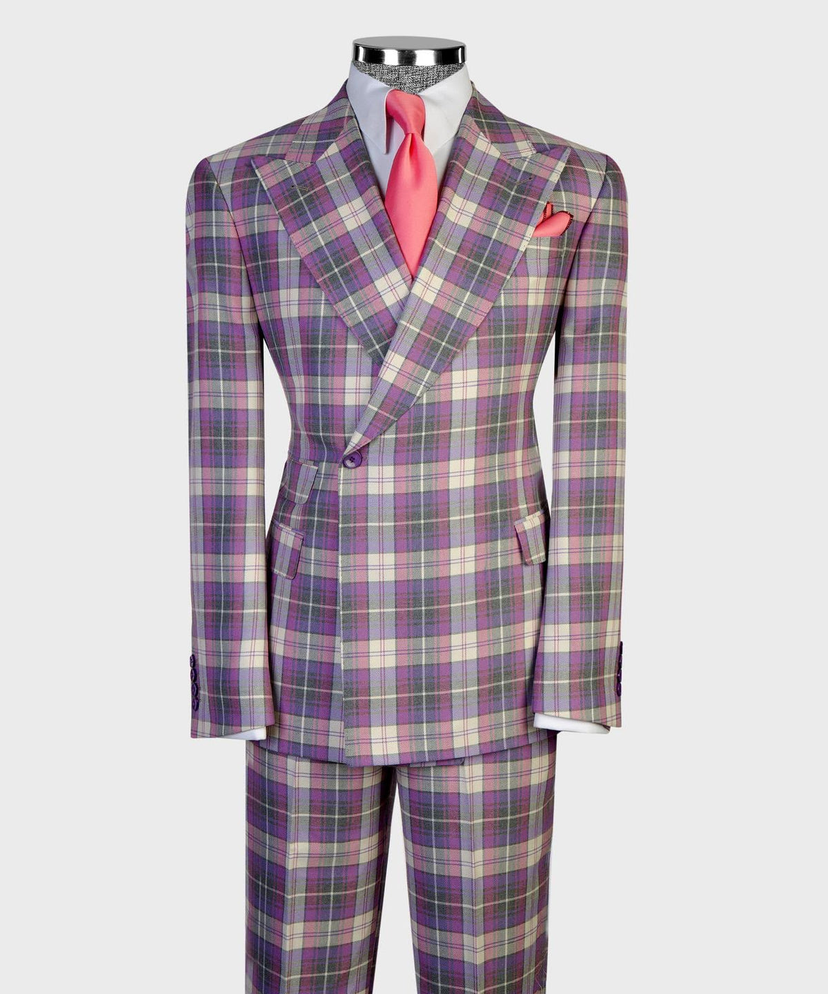 Jaegen purple and ivory tartan double-breasted suit – full outfit