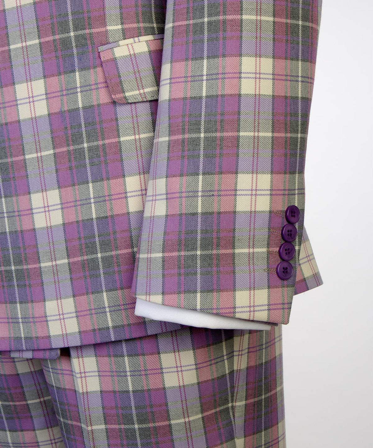 Jaegen purple and ivory tartan double-breasted suit – sleeve detail