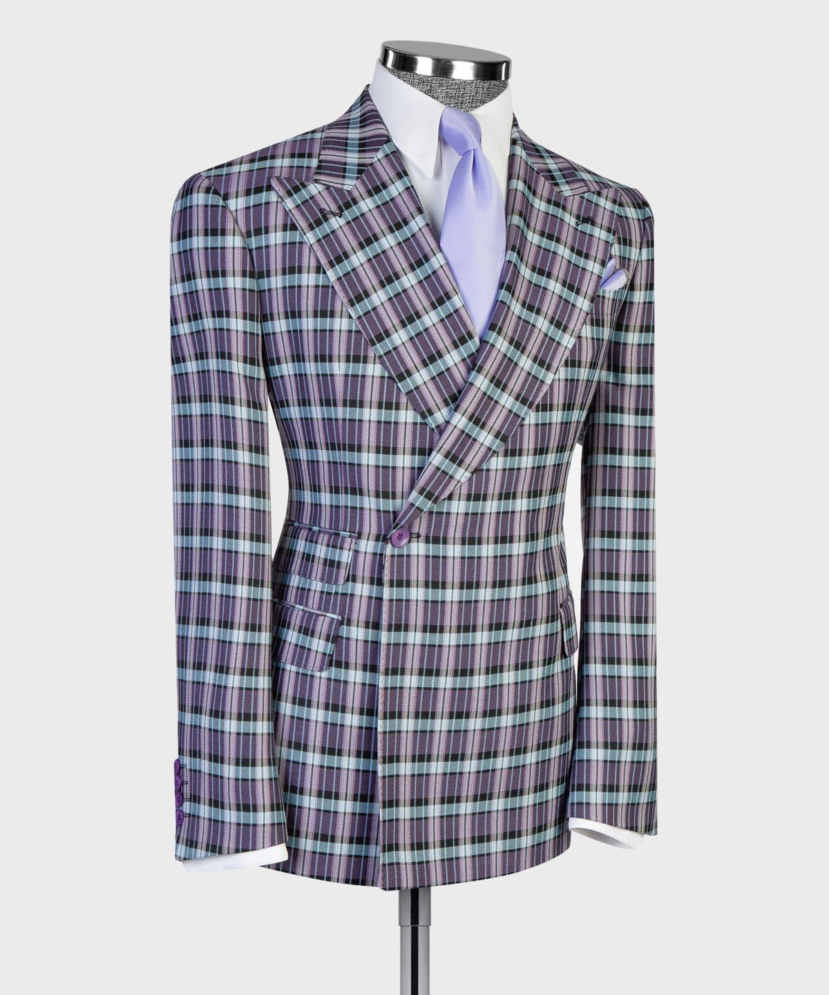 Jaegen purple and mint textured plaid double-breasted suit – angled view