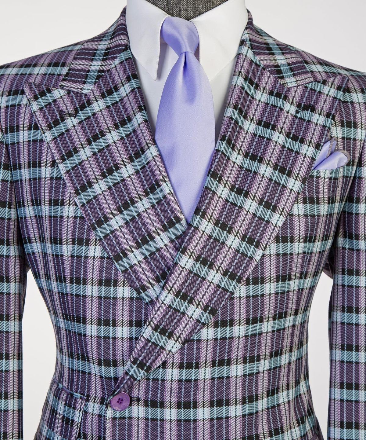 Jaegen purple and mint textured plaid double-breasted suit – chest detail