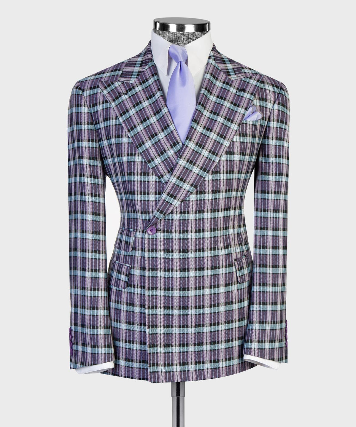 Jaegen purple and mint textured plaid double-breasted suit – front