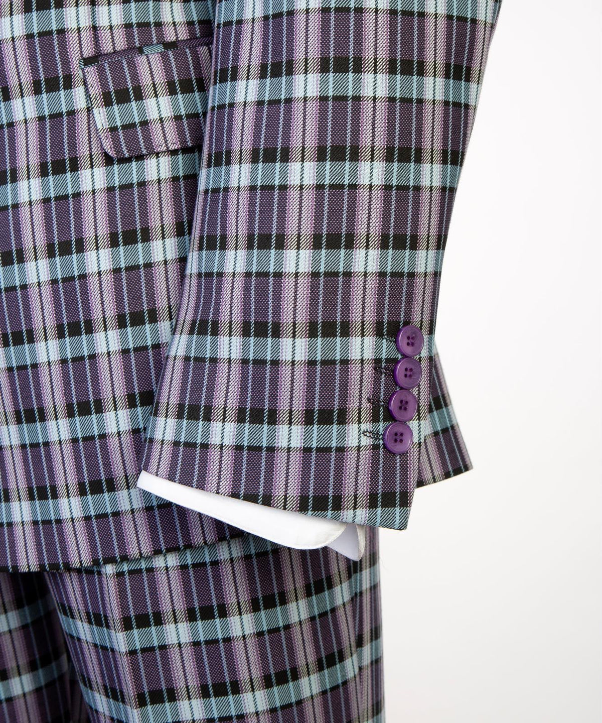 Jaegen purple and mint textured plaid double-breasted suit – sleeve detail