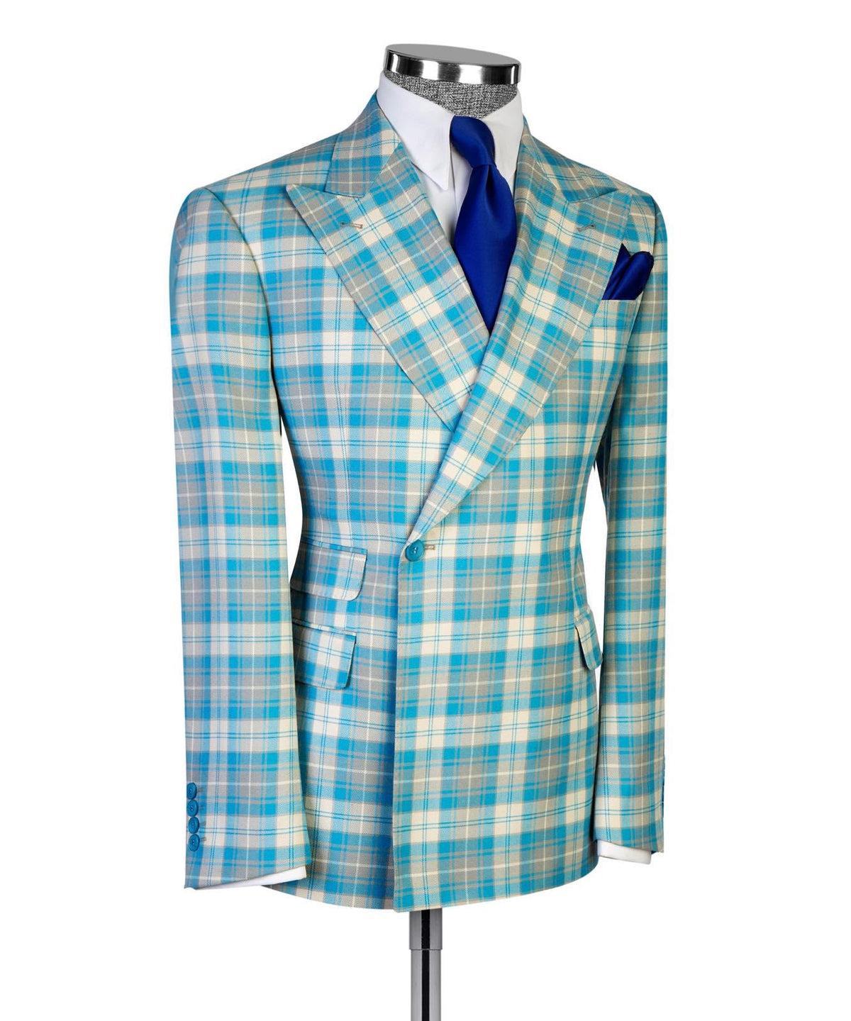 Jaegen turquoise and ivory tartan double-breasted suit – angled view