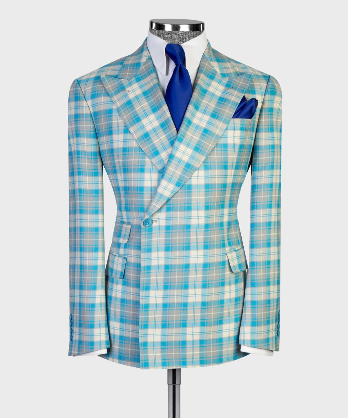 Jaegen turquoise and ivory tartan double-breasted suit – front