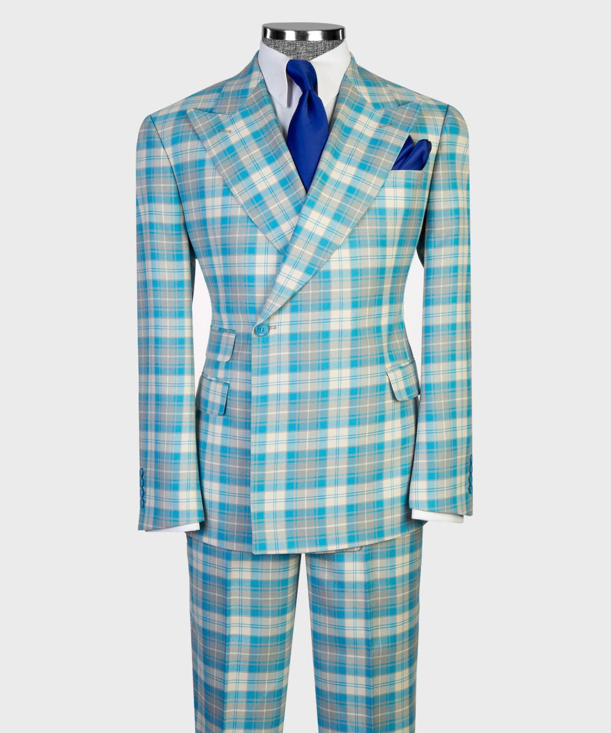 Jaegen turquoise and ivory tartan double-breasted suit – full outfit