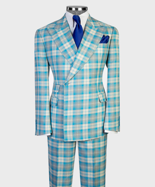 Jaegen turquoise and ivory tartan double-breasted suit – full outfit