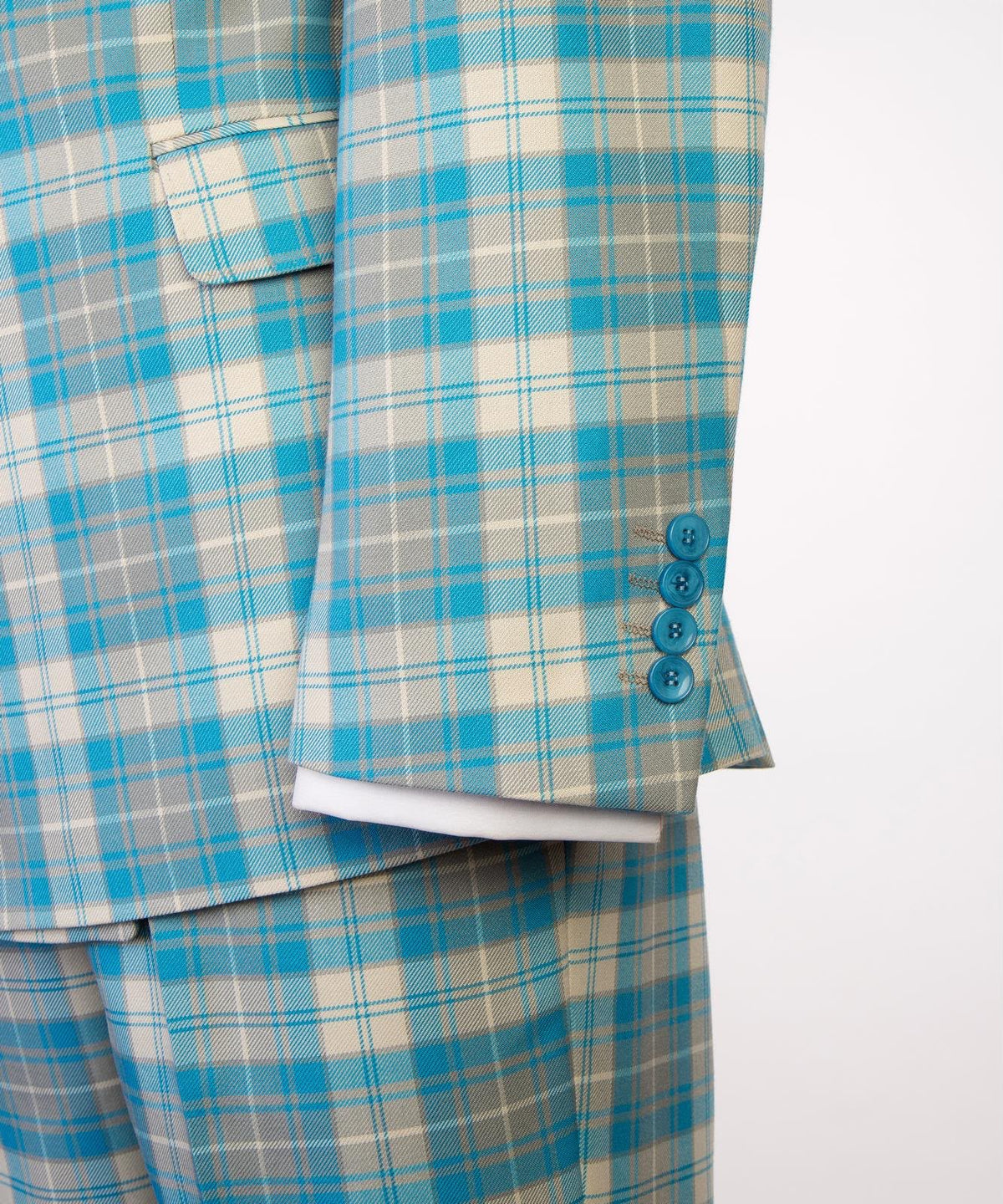 Jaegen turquoise and ivory tartan double-breasted suit – sleeve detail