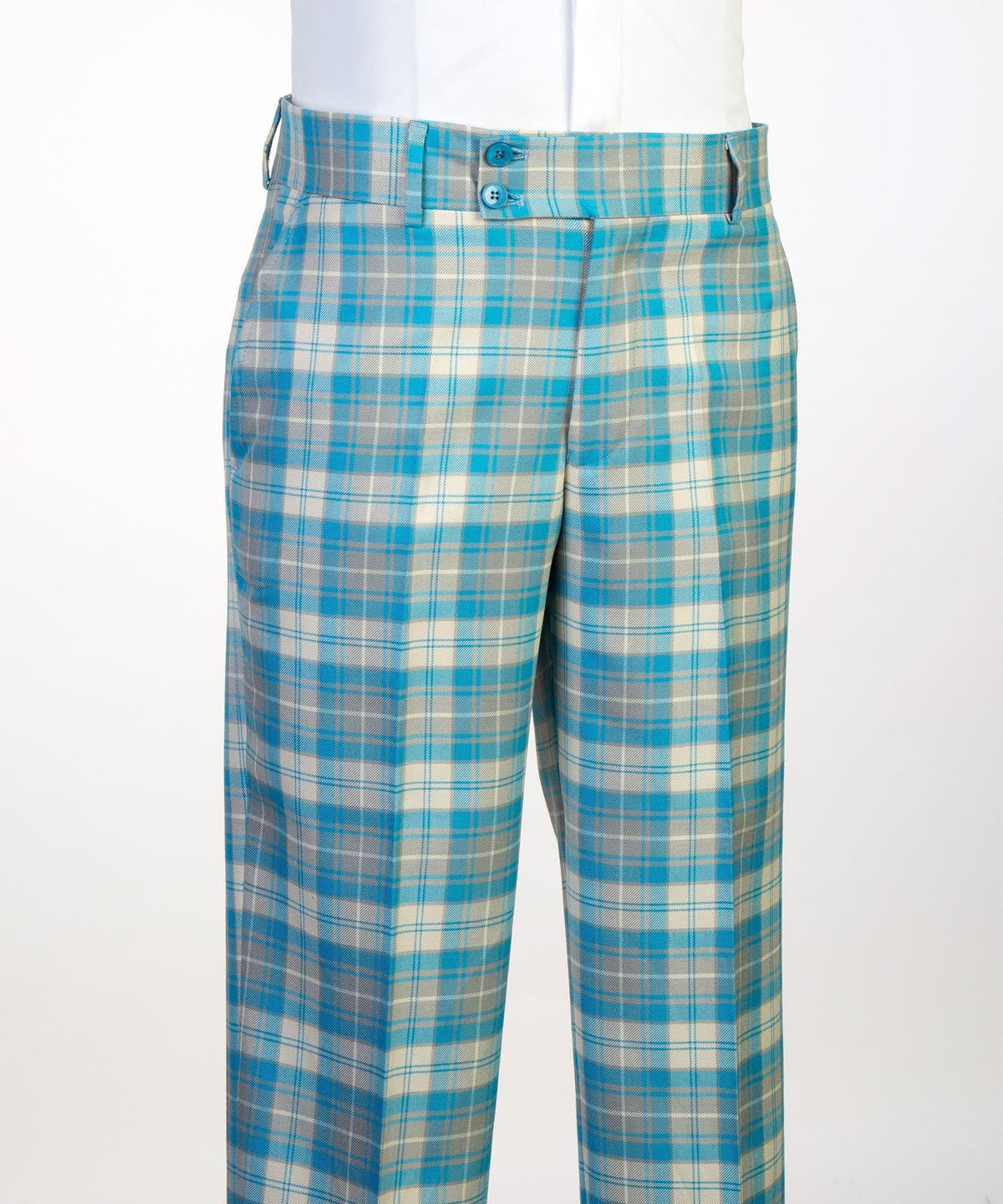 Jaegen turquoise and ivory tartan double-breasted suit – trousers