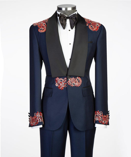 Midnight Bloom Embellished Tuxedo – Blue/Red